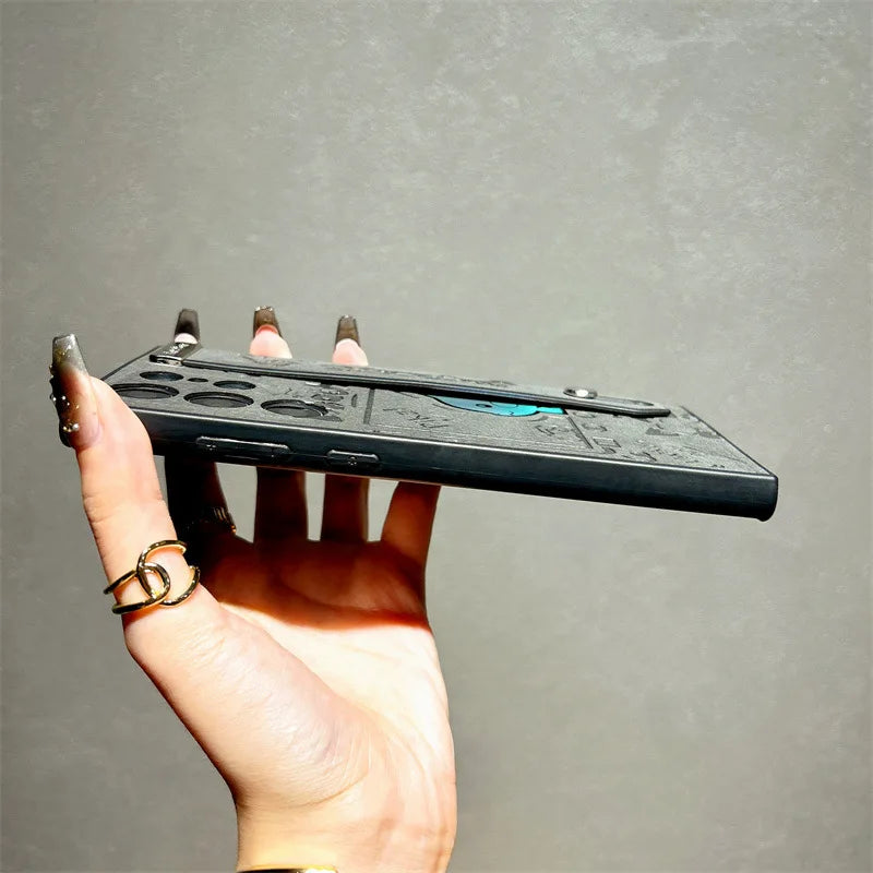 Pikachu Engraved Case With Strap – Black/Gray (Samsung S22, S23, S24, S25, Ultra/Plus, A55, A54 & More )