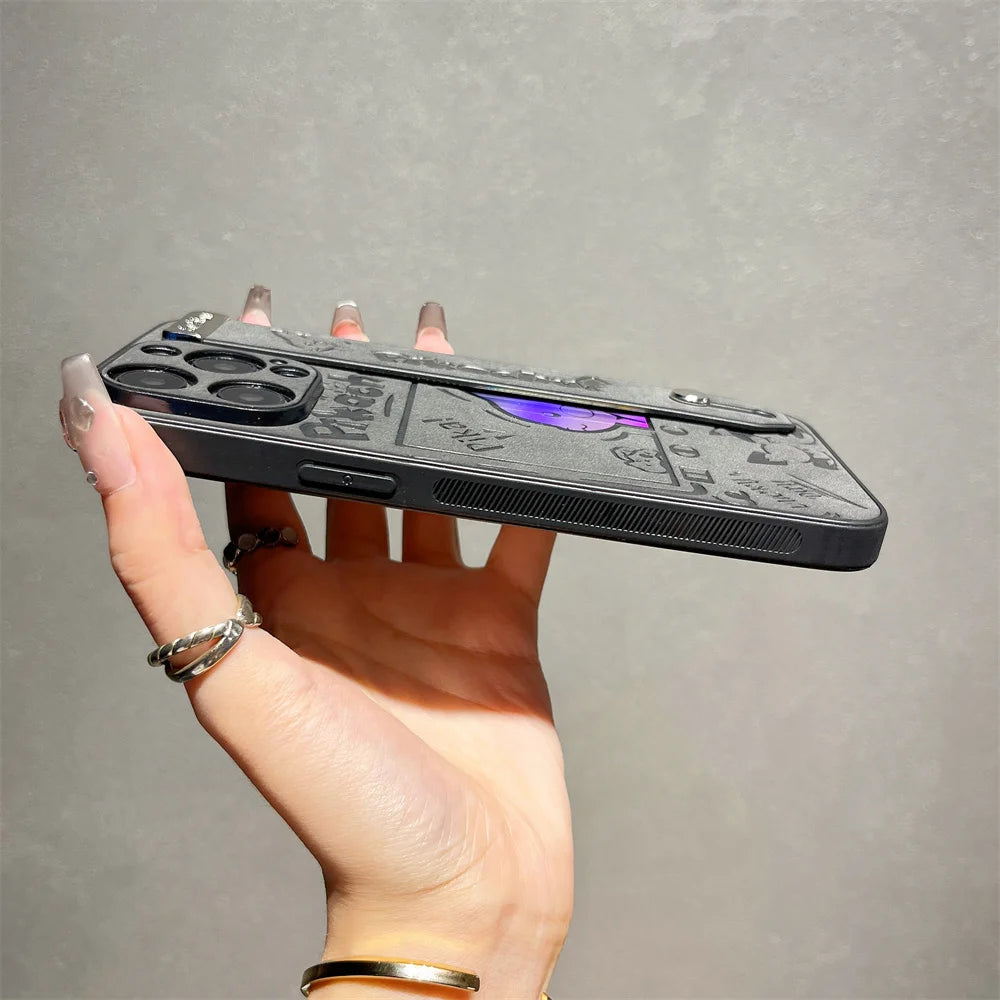 Pikachu Engraved Case With Strap – Black/Gray (iPhone 11–16, Pro/Max)