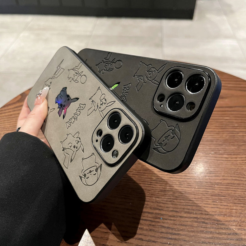 Pikachu Engraved Protective Case – Black/Gray (iPhone 11–17, Pro/Max)