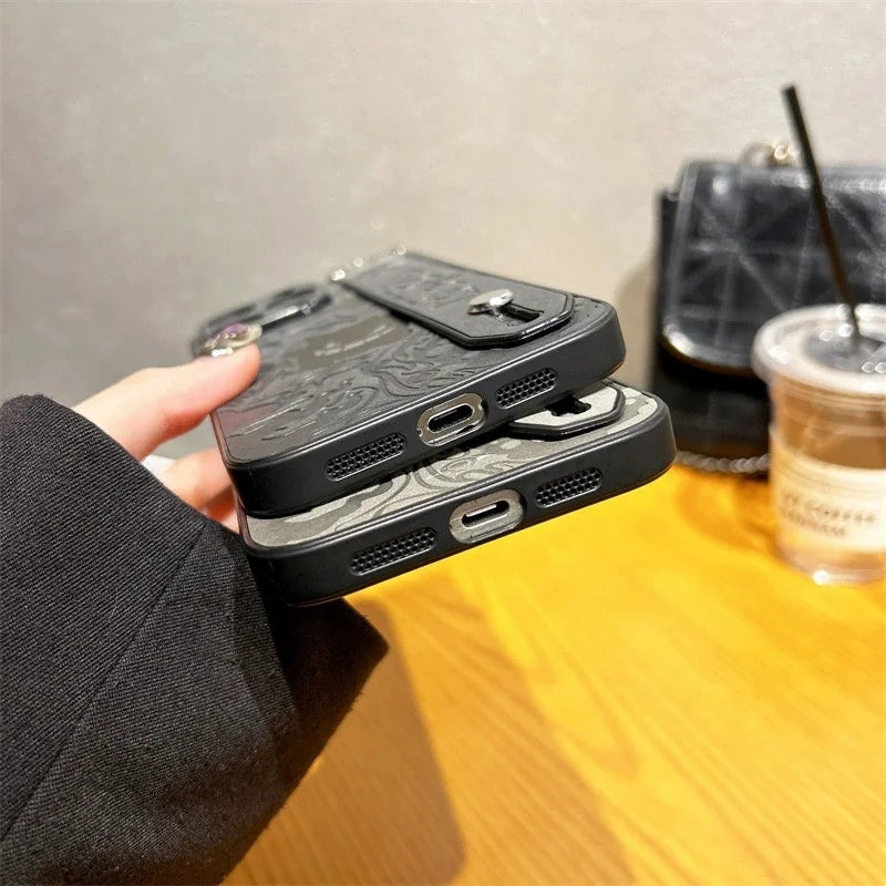 Gengar Engraved Case With Strap – Black/Gray (iPhone 11–16, Pro/Max)