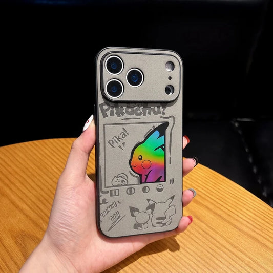 Pikachu Engraved Protective Case – Black/Gray (iPhone 11–17, Pro/Max)