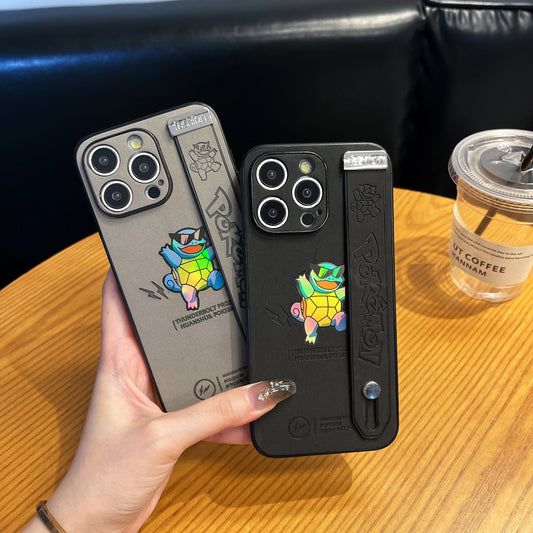 Squirtle Engraved Case With Strap – Black/Gray (iPhone 11–16, Pro/Max)