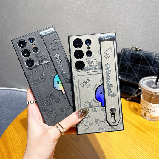 Pikachu Engraved Case With Strap – Black/Gray (Samsung S22, S23, S24, S25, Ultra/Plus, A55, A54 & More )