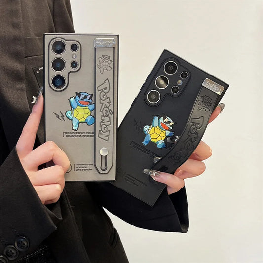 Squirtle Engraved Case With Strap – Black/Gray (Samsung S22, S23, S24, S25, Ultra/Plus, A55, A54 & More )